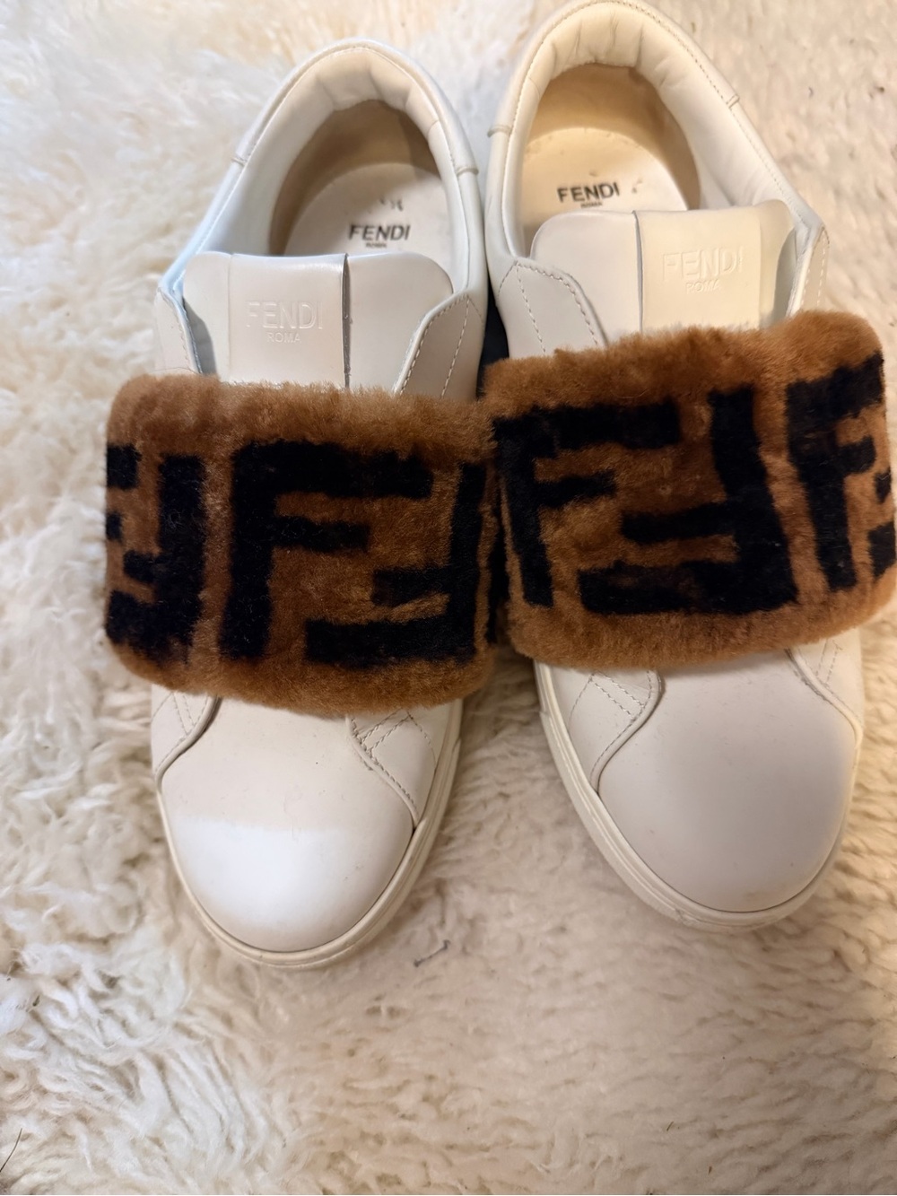 Fendi White Sneakers with Brown & Black Shearling FF Strap